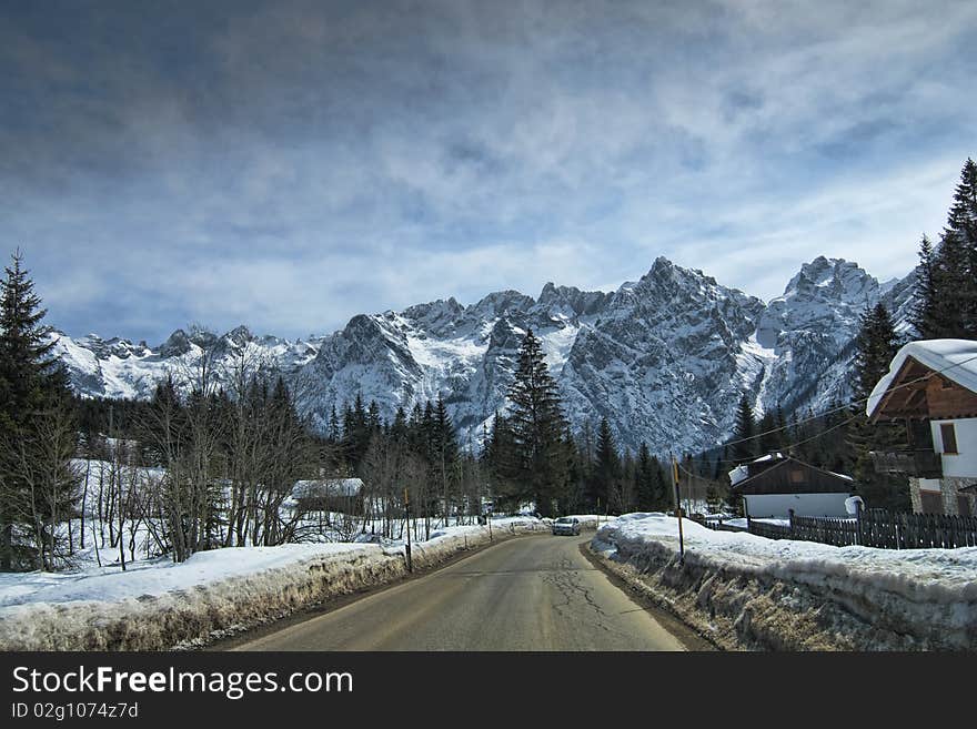 Snow On The Dolomites Mountains, Italy