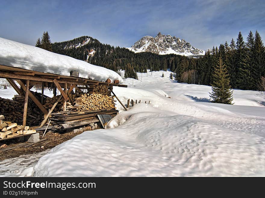 Snow on the Dolomites Mountains, Italy