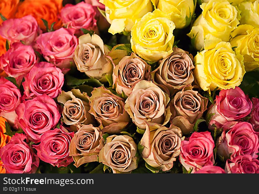 Colored Artificial Flowers in a Tuscan Market, Italy. Colored Artificial Flowers in a Tuscan Market, Italy