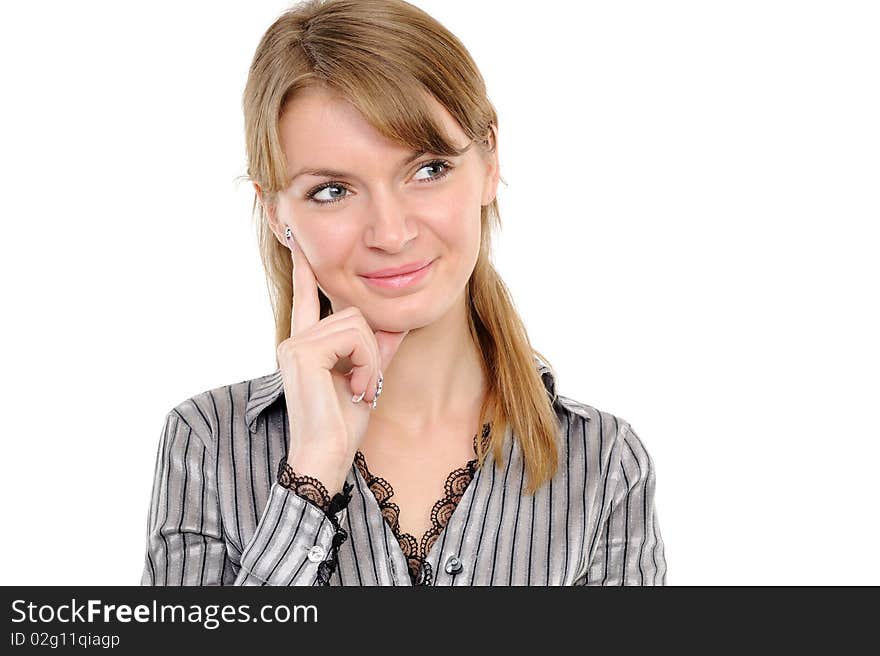 Portrait of  reflecting young woman smiling over white background