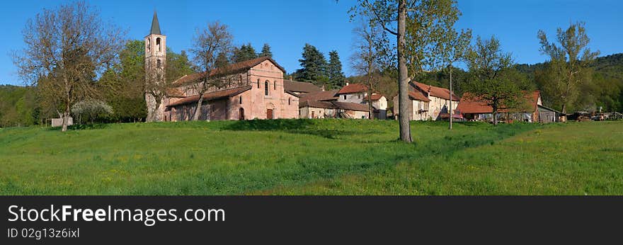 Panoramic view of the Cistercian Abbey of Tiglieto, built in 1120 AD (multiple images stitched). Panoramic view of the Cistercian Abbey of Tiglieto, built in 1120 AD (multiple images stitched)