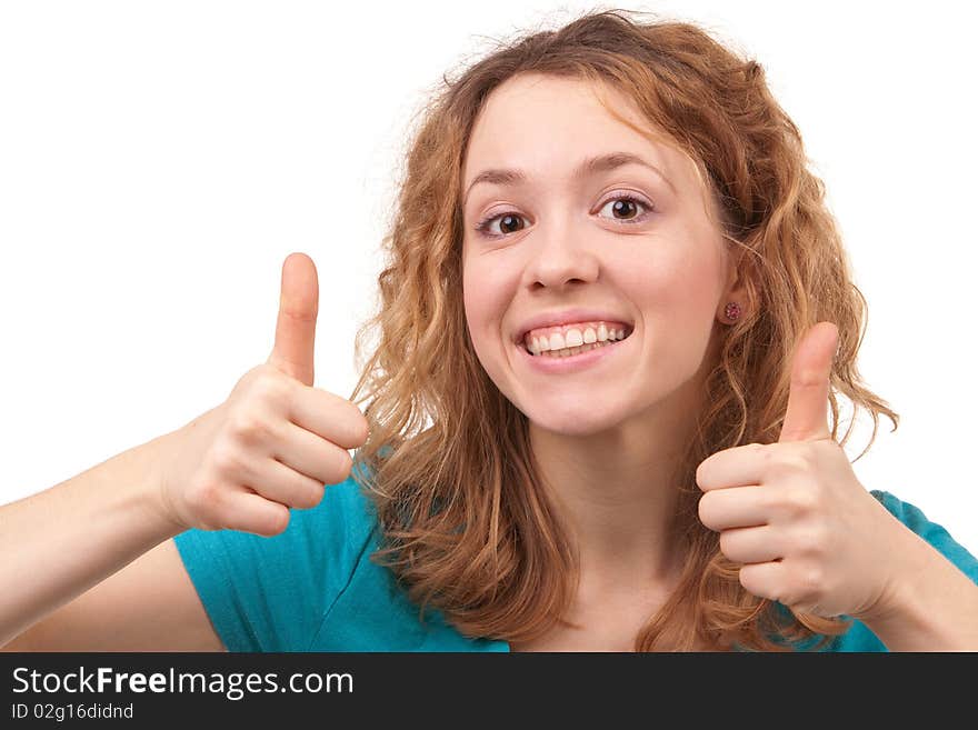 smiling woman with approving hands