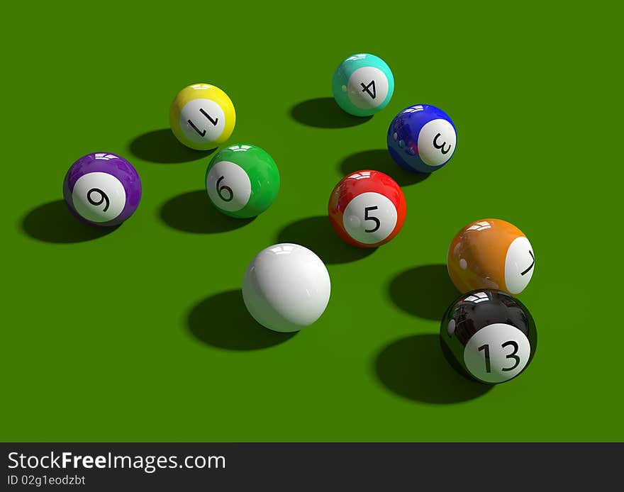 Billiard balls on the green table