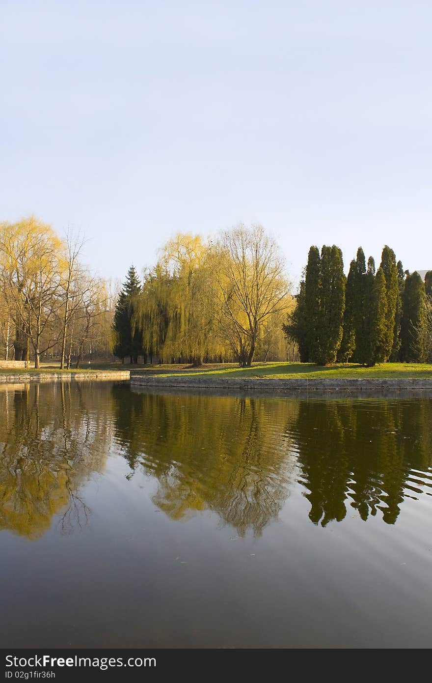 The spring park, lake and the reflection of trees in it