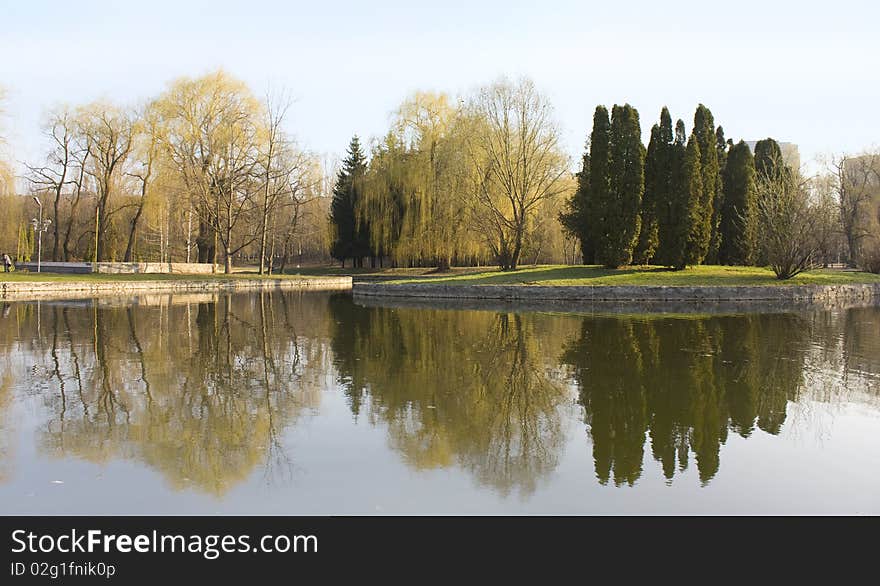 The spring park, lake and the reflection of trees in it