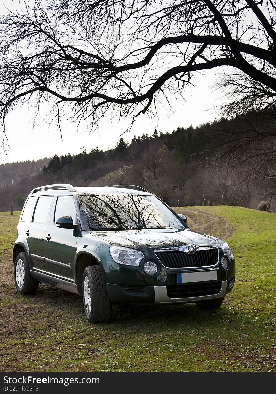 4x4 car on a green field under a tree. 4x4 car on a green field under a tree