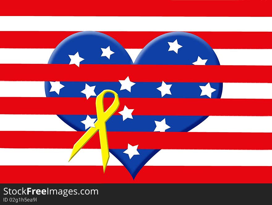 Yellow ribbon on blue heart with stars and stripes. Yellow ribbon on blue heart with stars and stripes.