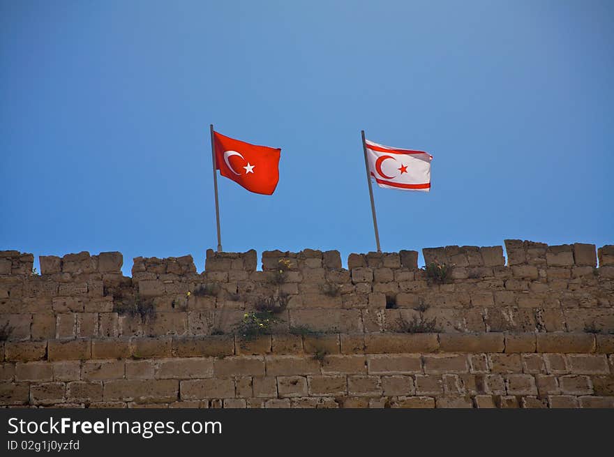 Turkey and Cyprus flag on ancient wall