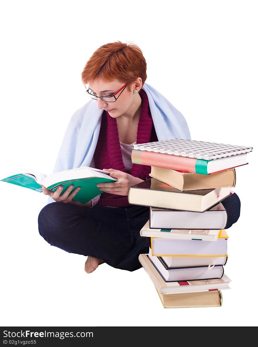 Student girl with many books isolated on white background. Student girl with many books isolated on white background