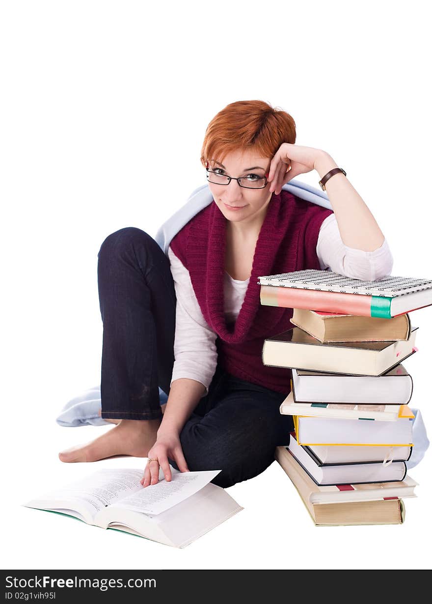 Student girl with many books isolated on white background. Student girl with many books isolated on white background