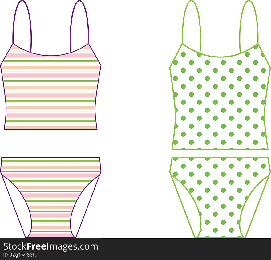 This is a  illustration of a striped and a green polka dotted bathing suit.