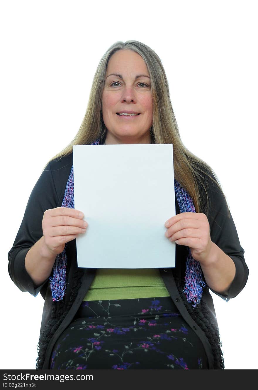 Woman holding a blank piece of paper with white blank empty copyspace on it with room for your text. Woman holding a blank piece of paper with white blank empty copyspace on it with room for your text