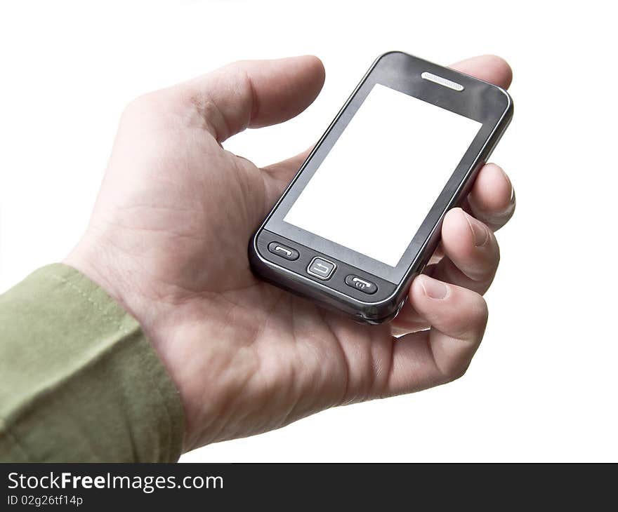 The hand holding a cell phone touchscreen. White background. White screen of the device. Isolation.