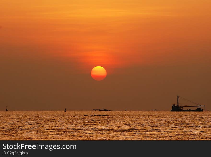 Sea Ship Setting Sunset