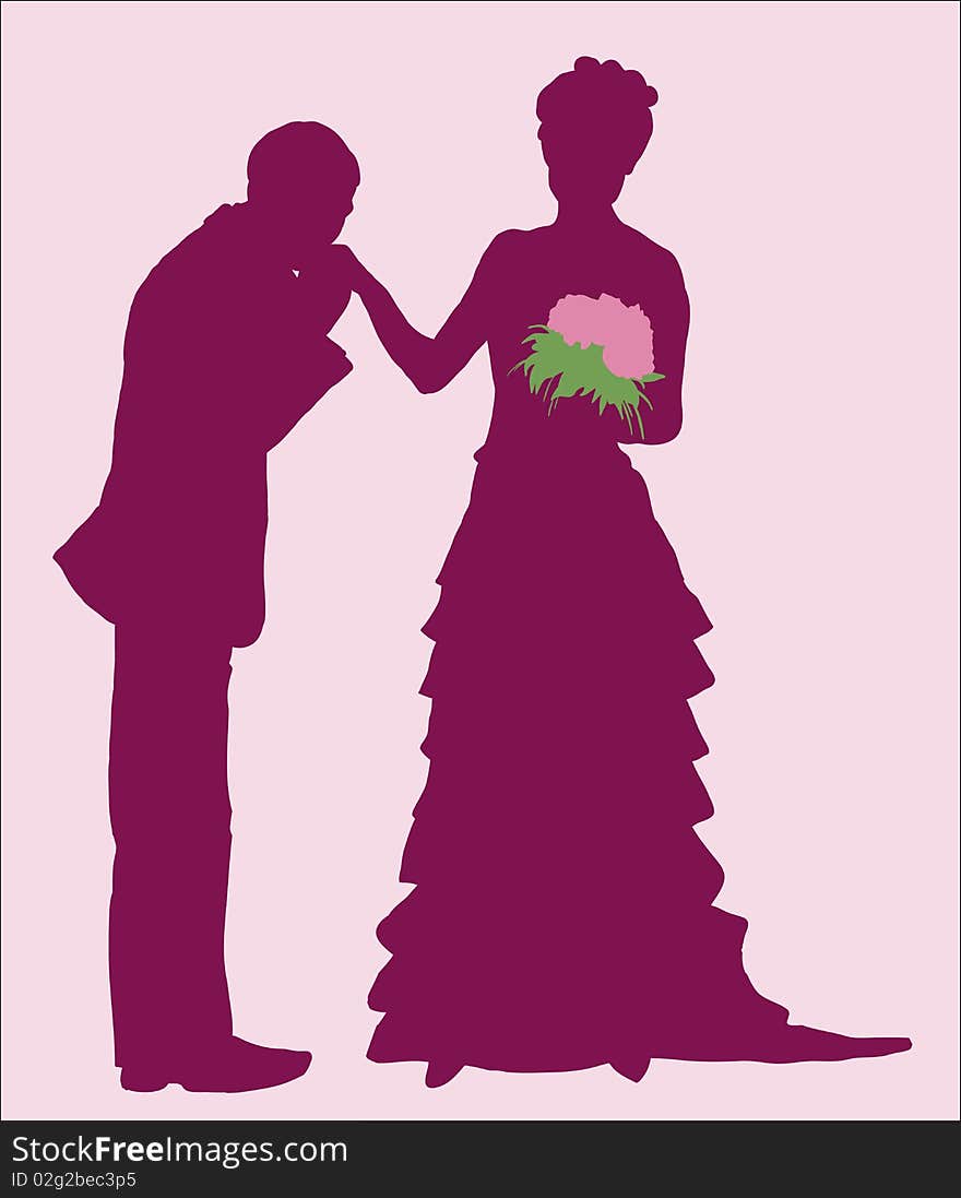 Illustration, silhouettes of the newlyweds, my husband kisses his wife's hand. Illustration, silhouettes of the newlyweds, my husband kisses his wife's hand