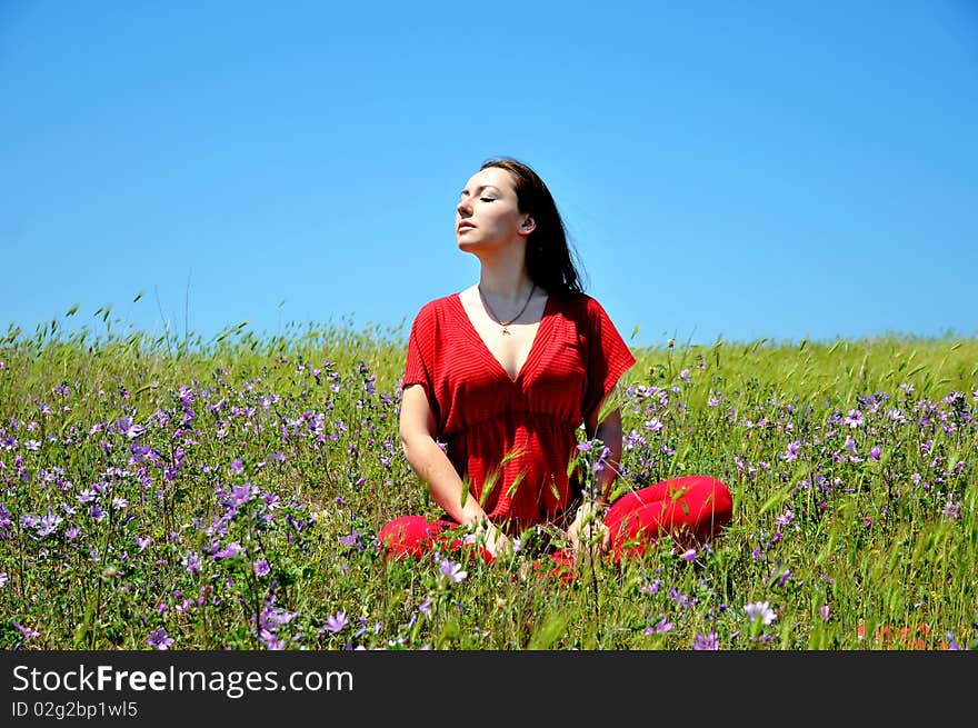 Brunette girl resting in the grass in  summer  time. Brunette girl resting in the grass in  summer  time