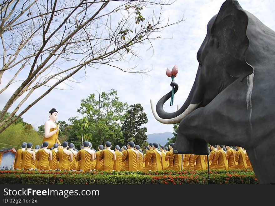 Scrupture of Buddha Teaching Monks and Animals in temple of Thailand. Scrupture of Buddha Teaching Monks and Animals in temple of Thailand