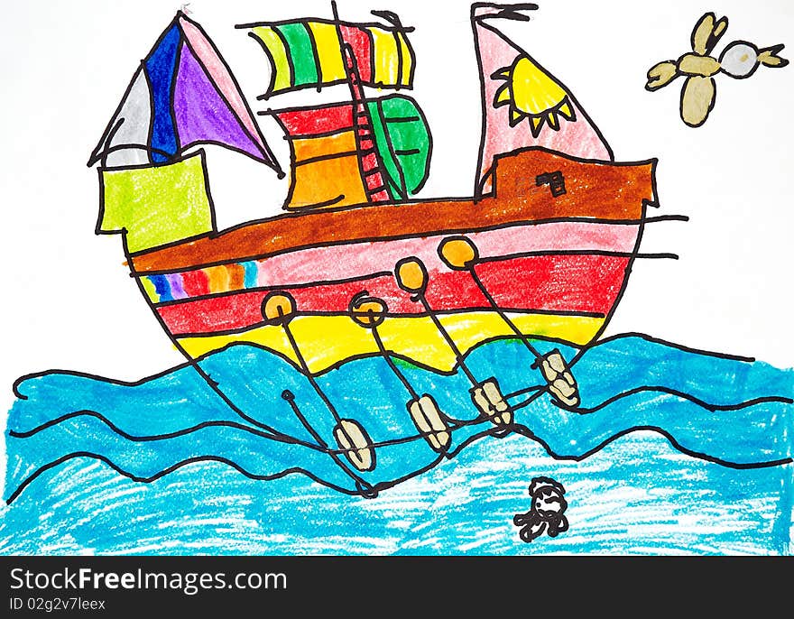 Colorful ship with oars and sails