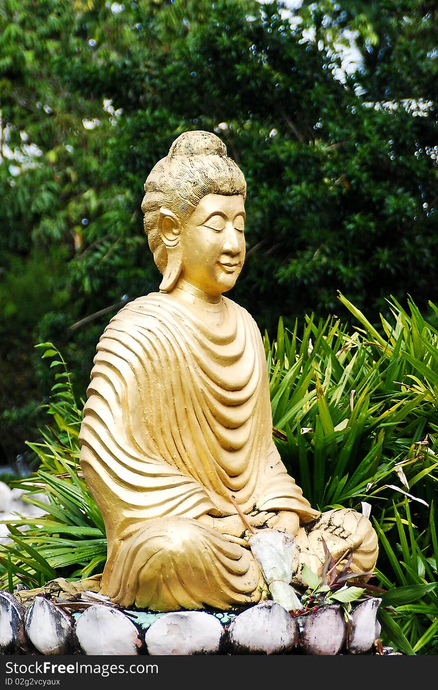 Golden statue of Buddha in a temple garden. Golden statue of Buddha in a temple garden