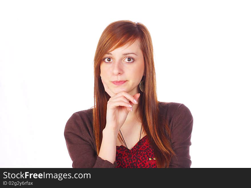 Young Brunette Thinking, Isolated On White