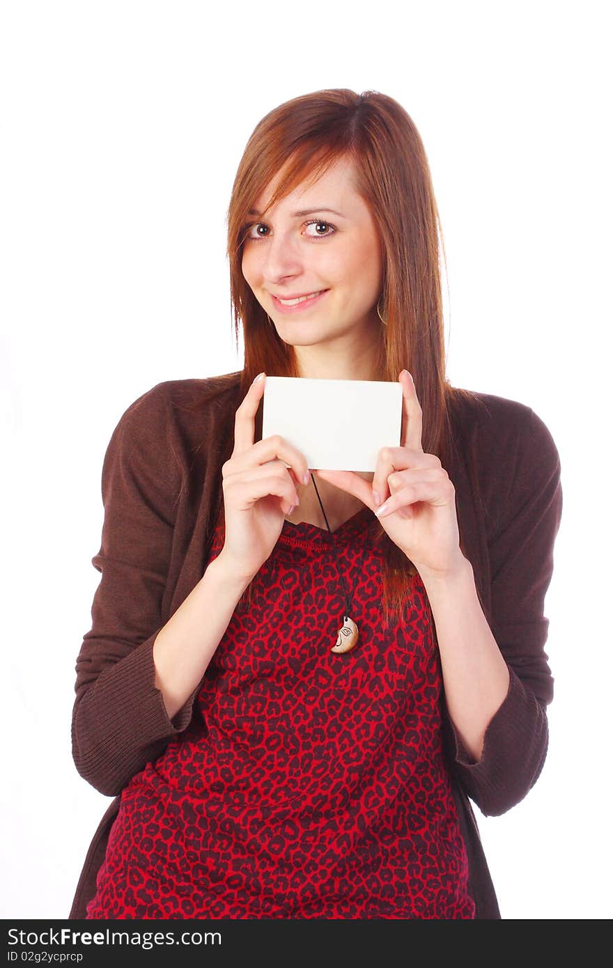 Smiling girl holding an empty business card, isolated on white. Smiling girl holding an empty business card, isolated on white