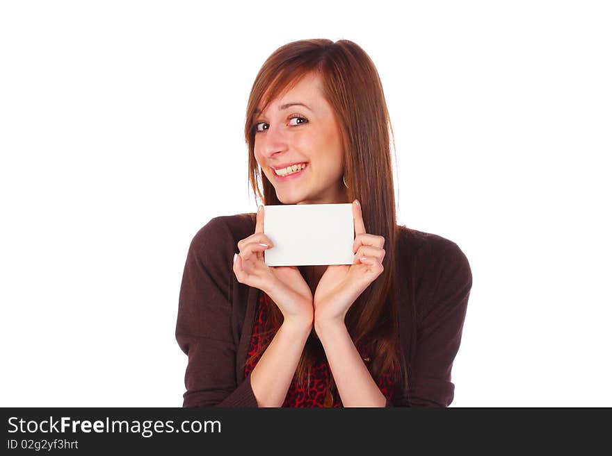 Smiling girl holding an empty business card, isolated on white. Smiling girl holding an empty business card, isolated on white