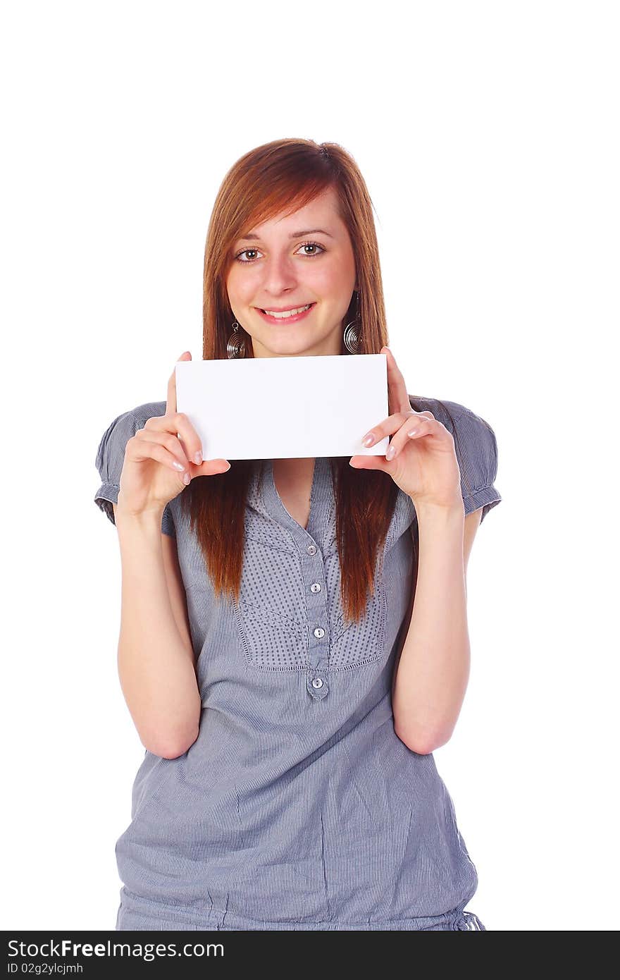 Smiling girl holding an empty card, isolated