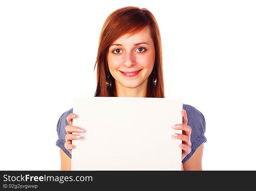 Smiling girl holding an empty board, isolated on white