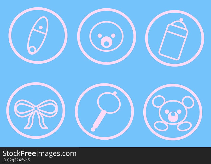 Six round and cute baby icons on a blue wallpaper. Digital drawing. Coloured picture. Six round and cute baby icons on a blue wallpaper. Digital drawing. Coloured picture.