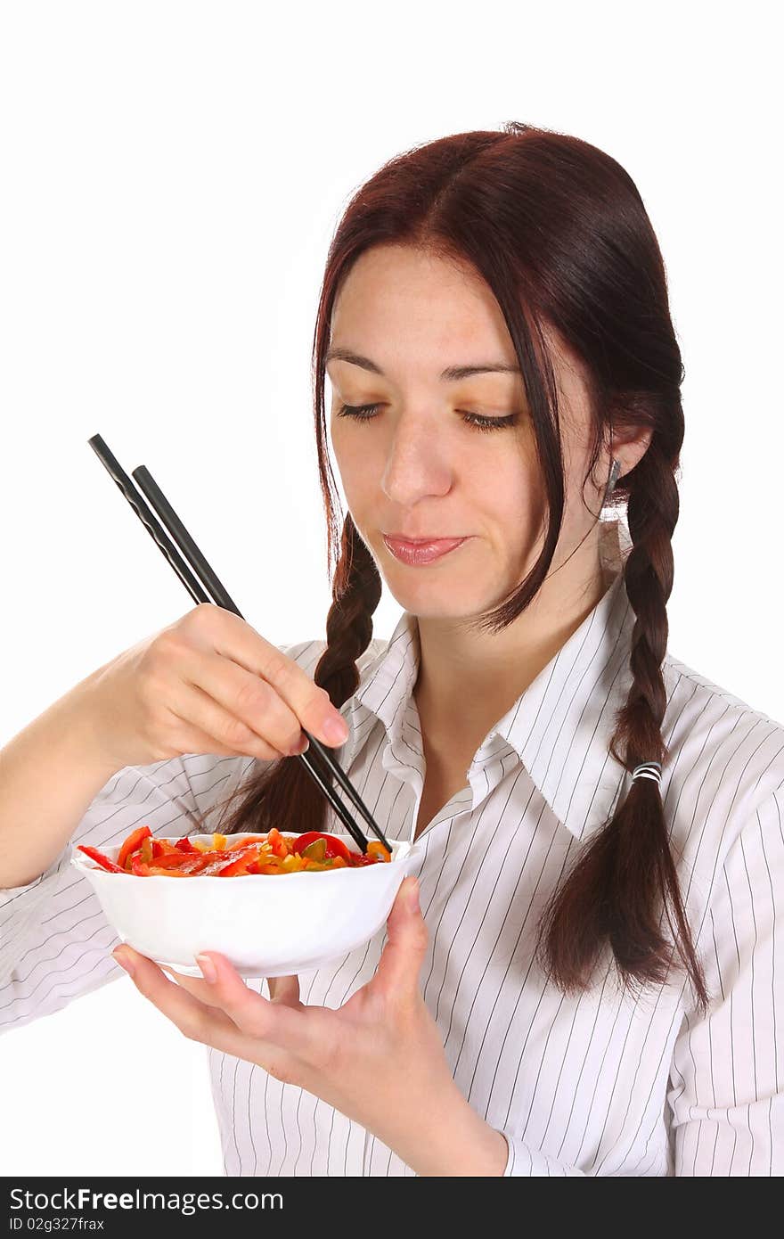 Beautiful woman eating with chopsticks, chinese food