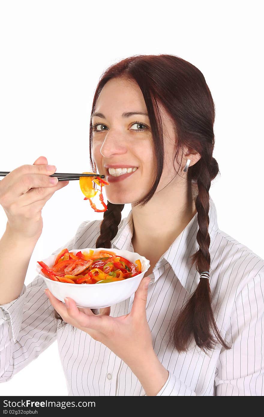 Beautiful woman eating with chopsticks, chinese food