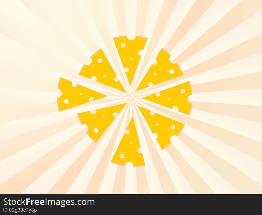 Vector cheese slices on the background of diverging rays of yellow. Vector cheese slices on the background of diverging rays of yellow