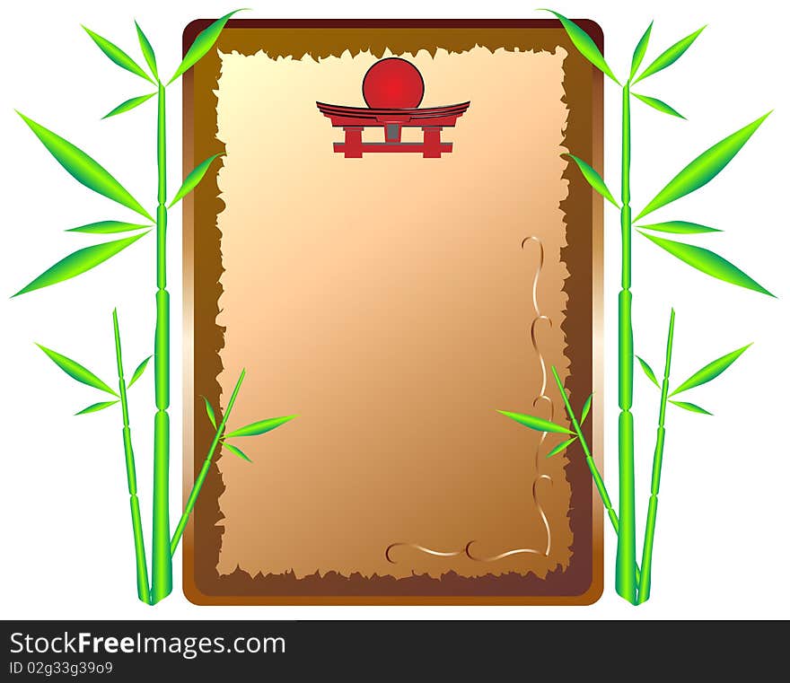 Stylized  frame with elements of Japanese design framed by a green bamboo shoots growing. Stylized  frame with elements of Japanese design framed by a green bamboo shoots growing