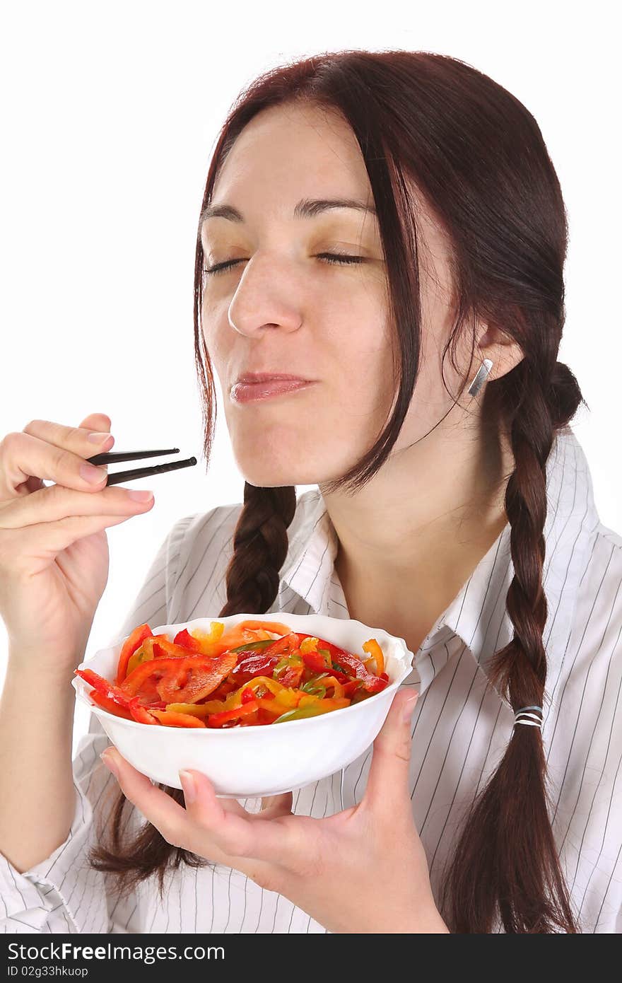 Beautiful woman eating with chopsticks, chinese food