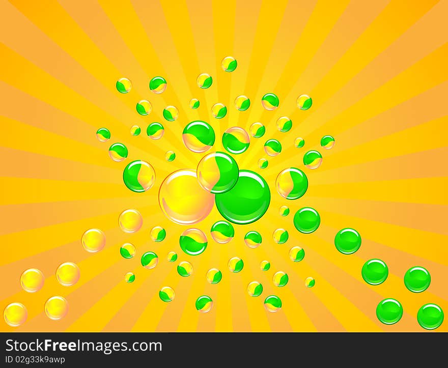 Glossy vesicles consisting of yellow and green on the background of diverging rays. Glossy vesicles consisting of yellow and green on the background of diverging rays