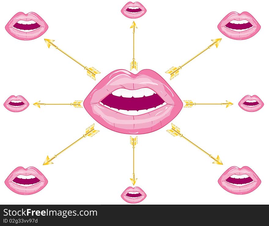 Vector scheme comprising the lips and golden arrows. Vector scheme comprising the lips and golden arrows