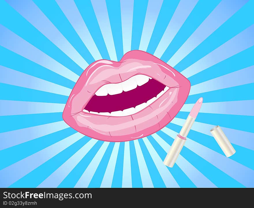 Stylized  woman's lips with an open lipstick on a background of diverging rays. Stylized  woman's lips with an open lipstick on a background of diverging rays