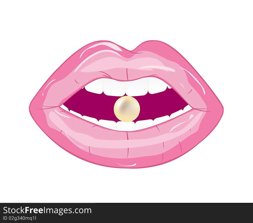 Stylized  woman's lips held in her teeth pearl. Stylized  woman's lips held in her teeth pearl