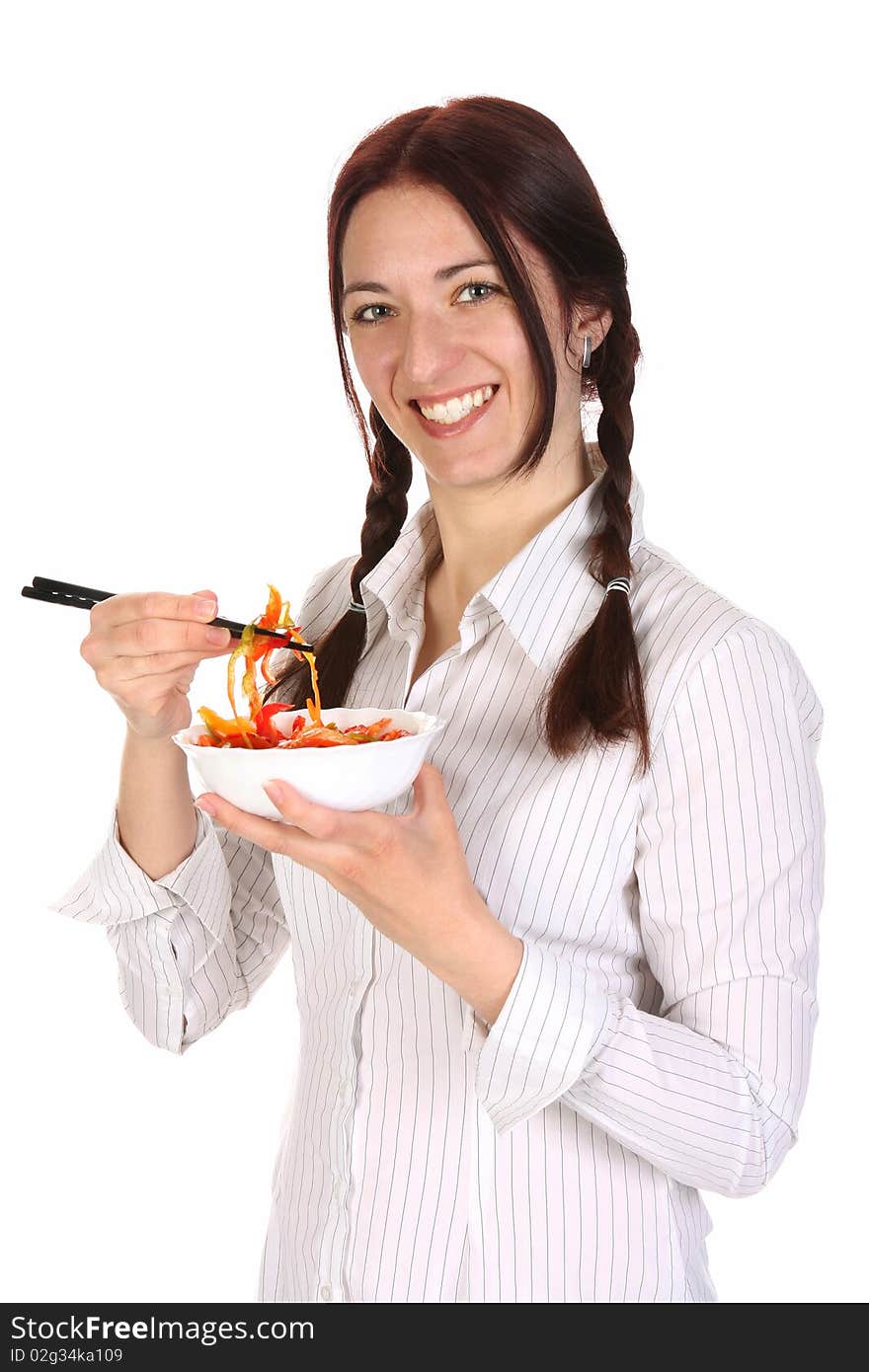 Beautiful Woman Eating With Chopsticks