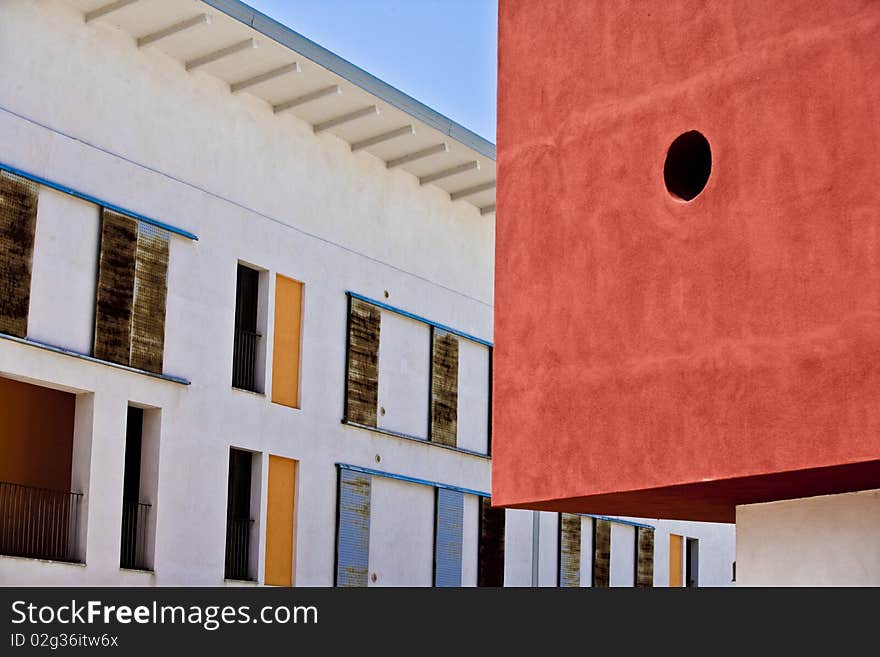 Blu sky, new buildings, with architecture modern and coloured. Blu sky, new buildings, with architecture modern and coloured