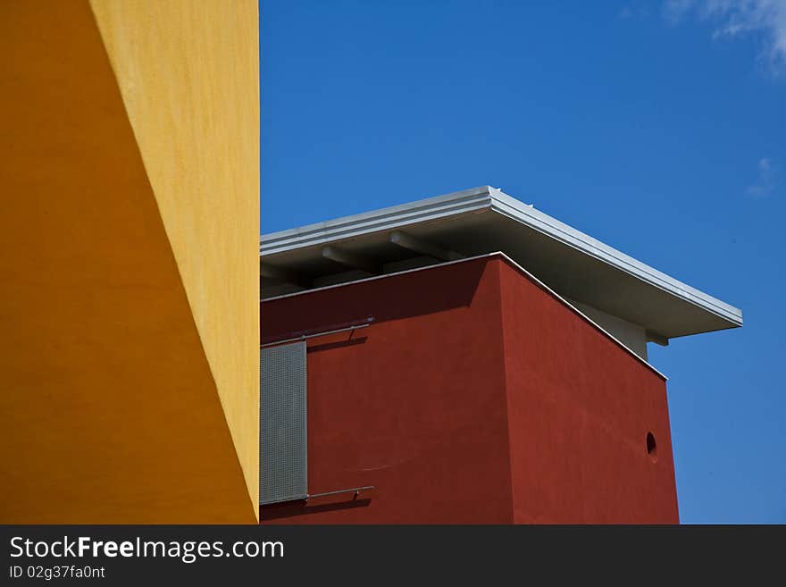 Blu sky, new buildings, with architecture modern and coloured. Blu sky, new buildings, with architecture modern and coloured