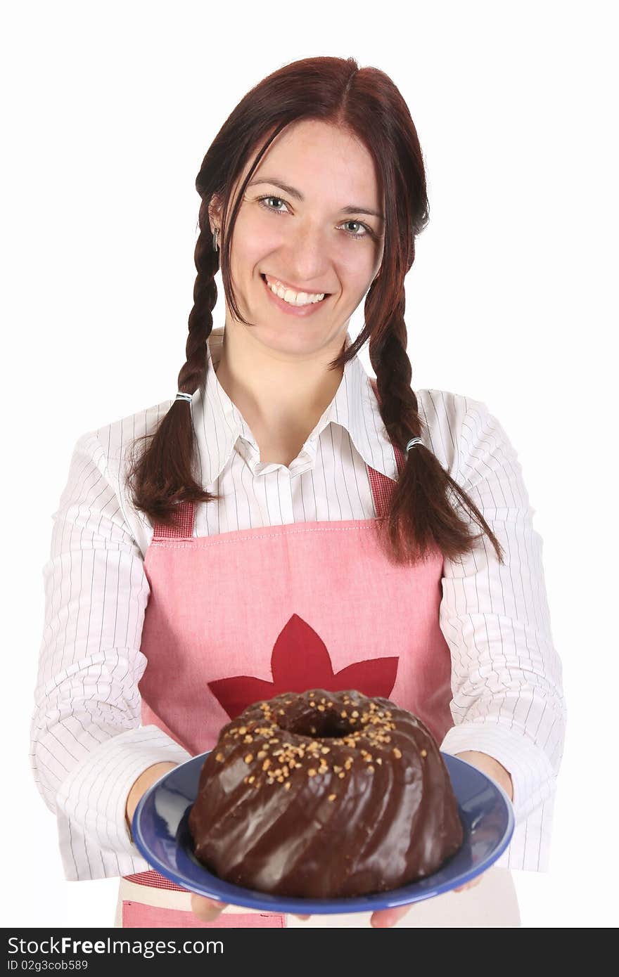 Housewife showing off bundt cake