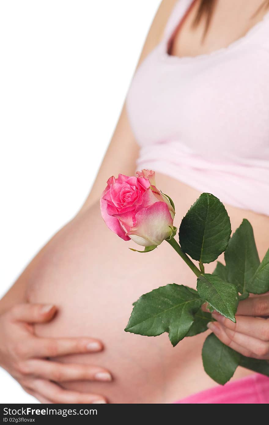 Pregnant girl with rose in the hand on white background