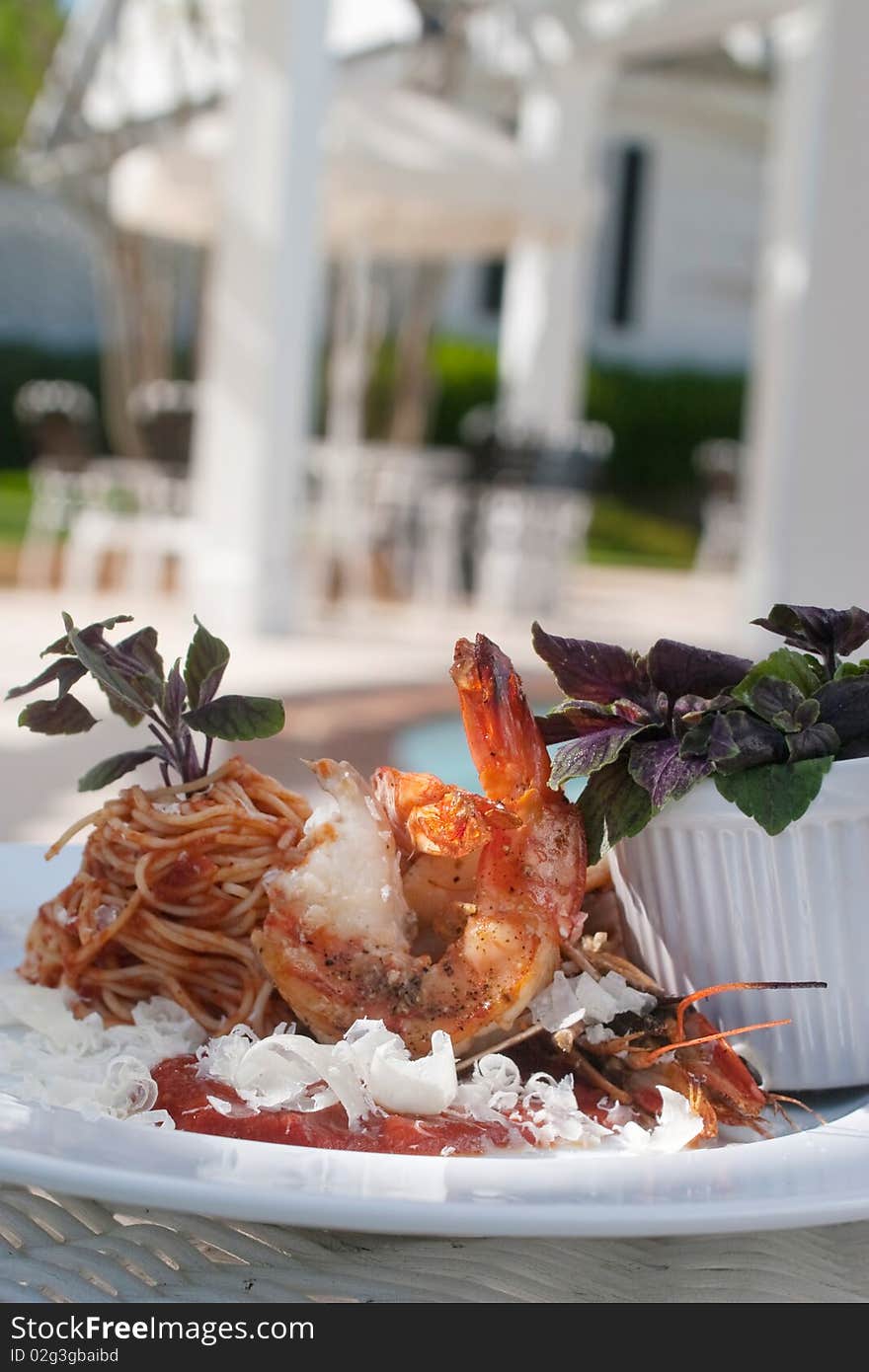 Plate of Shrimp and Pasta with Fresh Parmesan Cheese. Plate of Shrimp and Pasta with Fresh Parmesan Cheese