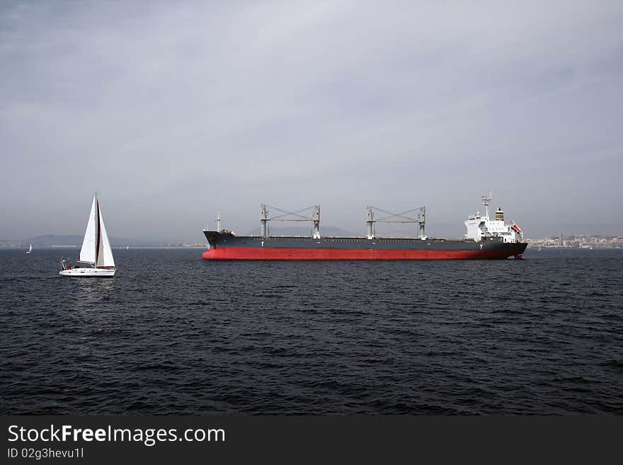 Bullcarrier merchant anchored in Alicante Bay. Bullcarrier merchant anchored in Alicante Bay