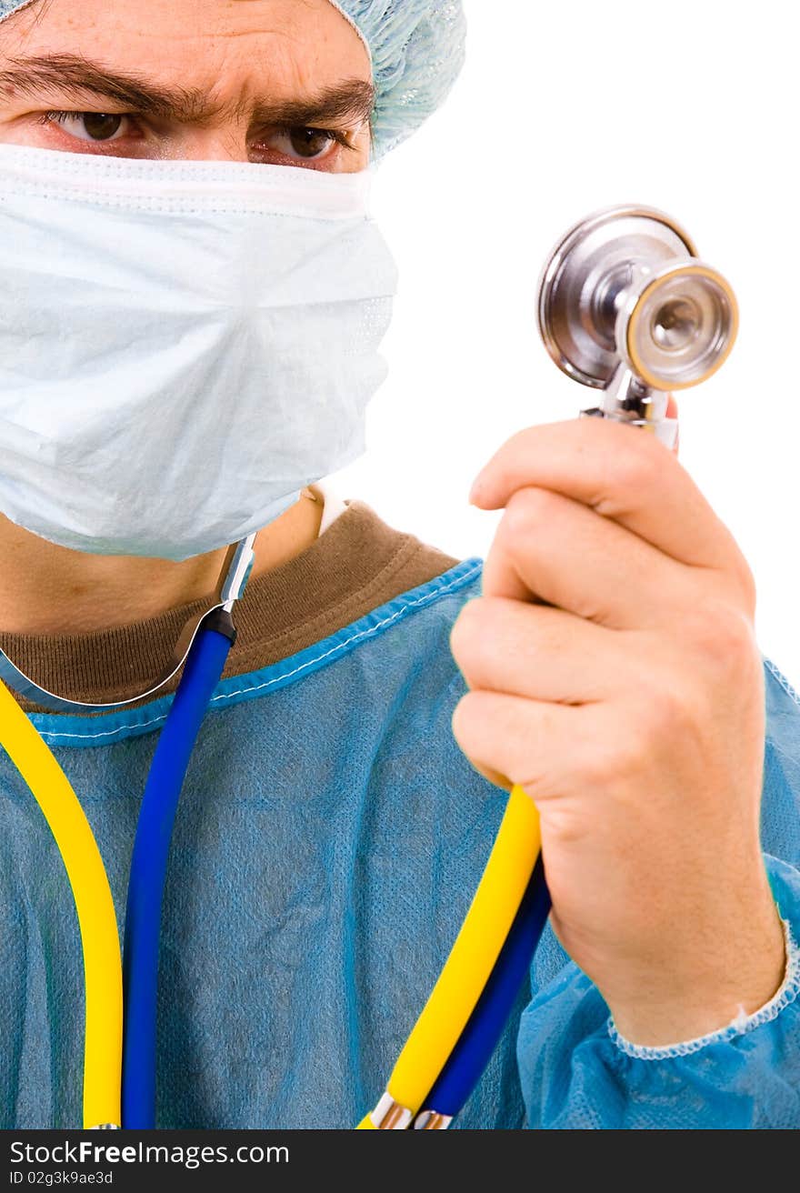 Portrait of male doctor look to the stethoscope, isolated on white background