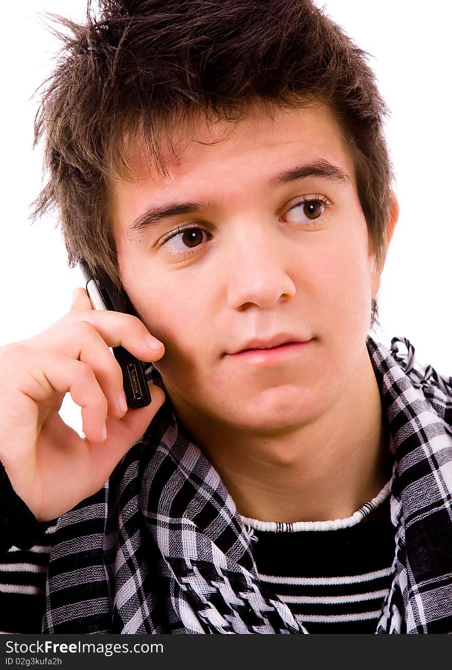 Young man on the phone, isolated on white background