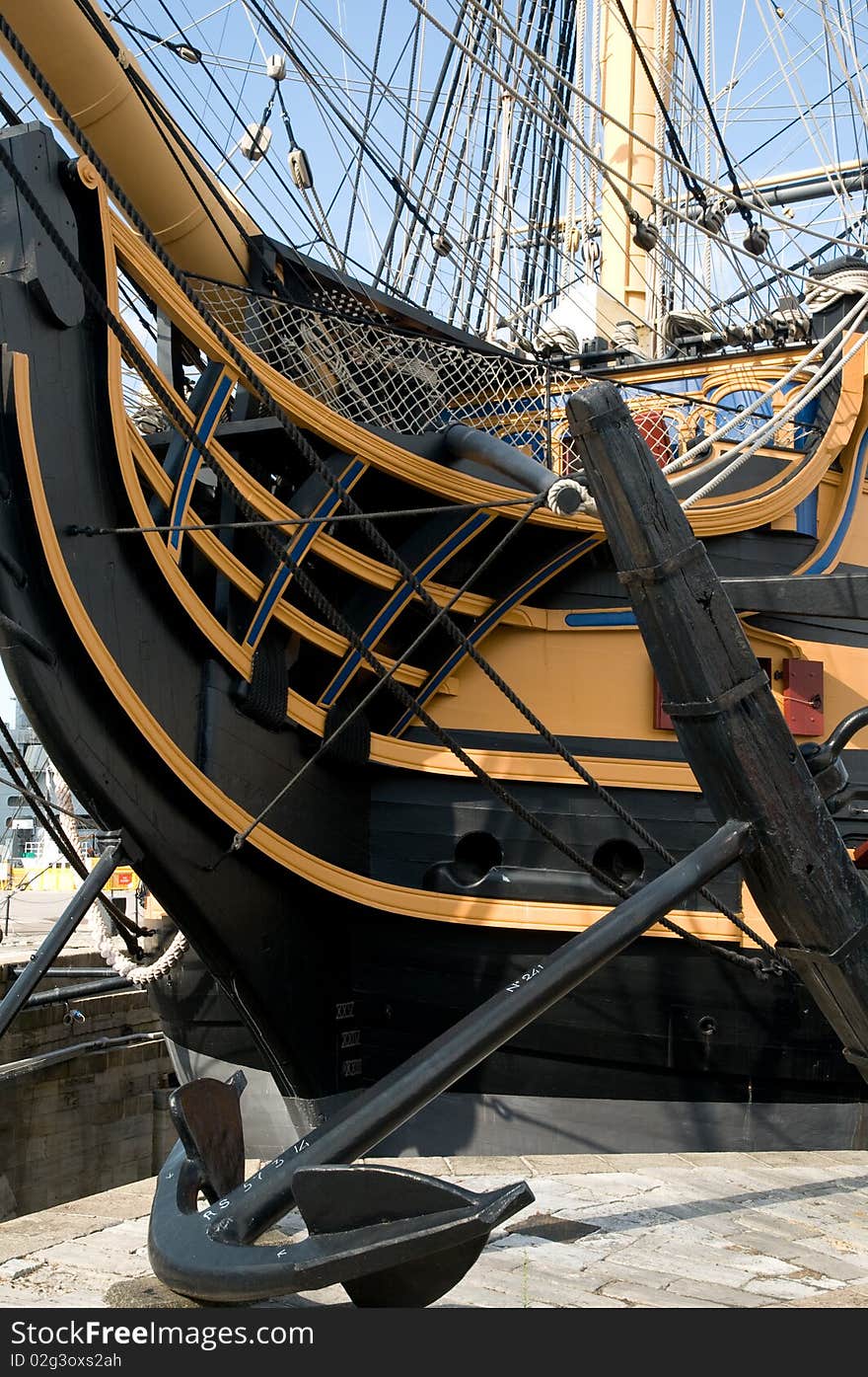 A portrait of the h.m.s victory 
at portsmouth in england. A portrait of the h.m.s victory 
at portsmouth in england