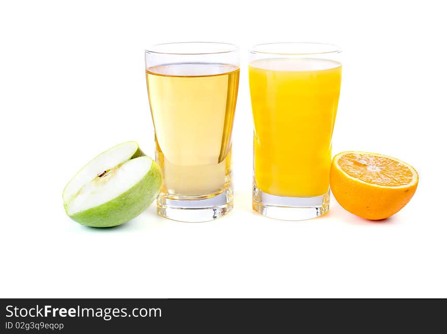 Glass of apple and orange juice isolated on a white background