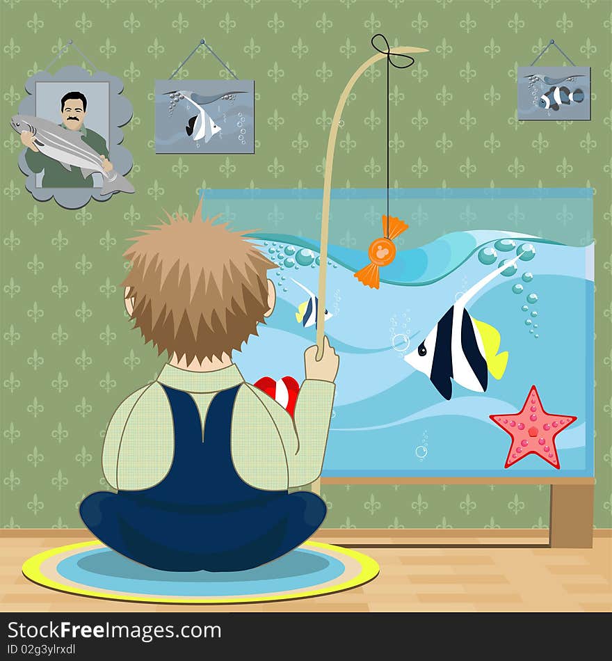 Boy catching aquarium fish in sweet. Boy catching aquarium fish in sweet